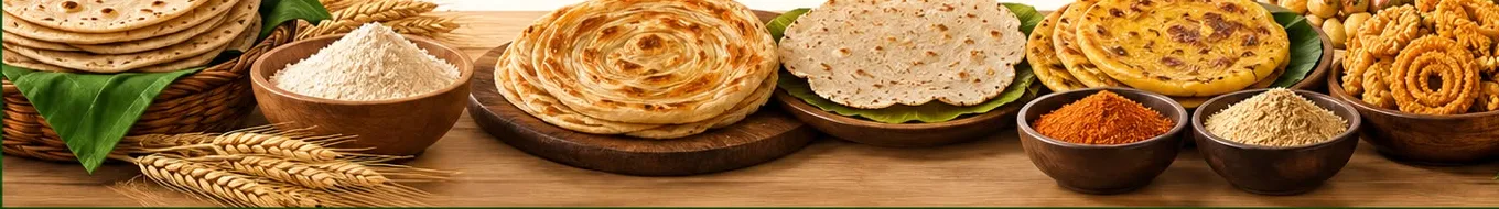 Chapati, parota, rotti, holige, chutney powders and snacks on a wooden table